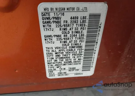 2017 Nissan Rogue Sv из США, поврежденный, VIN JN8AT2MT7HW133976